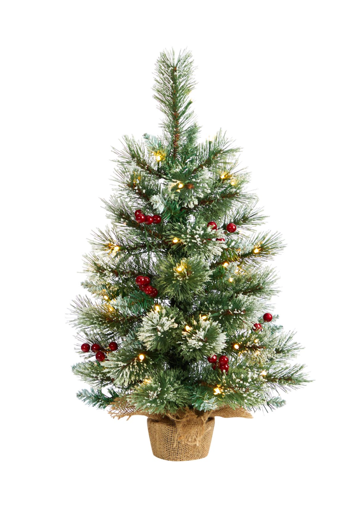 2 Foot Snow Tipped Pine and Berry Artificial Christmas Tree with 35 Warm White LED Lights in Burlap Base