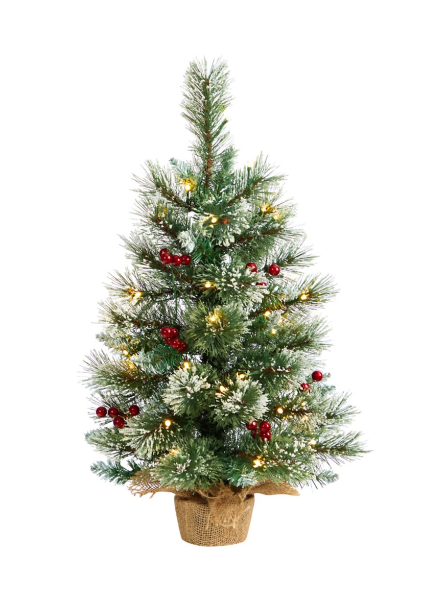 2 Foot Snow Tipped Pine and Berry Artificial Christmas Tree with 35 Warm White LED Lights in Burlap Base