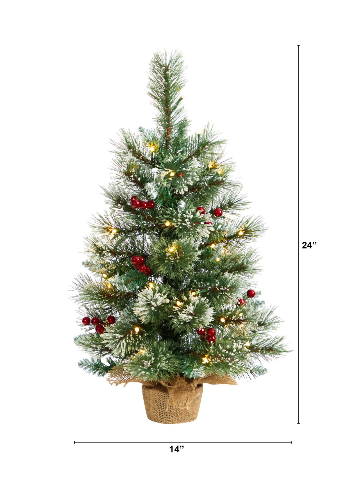 2 Foot Snow Tipped Pine and Berry Artificial Christmas Tree with 35 Warm White LED Lights in Burlap Base