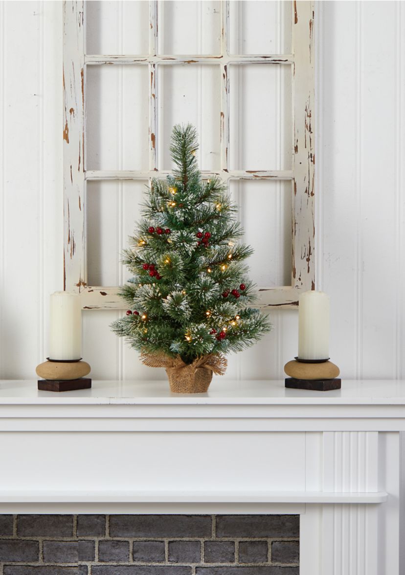 2 Foot Snow Tipped Pine and Berry Artificial Christmas Tree with 35 Warm White LED Lights in Burlap Base