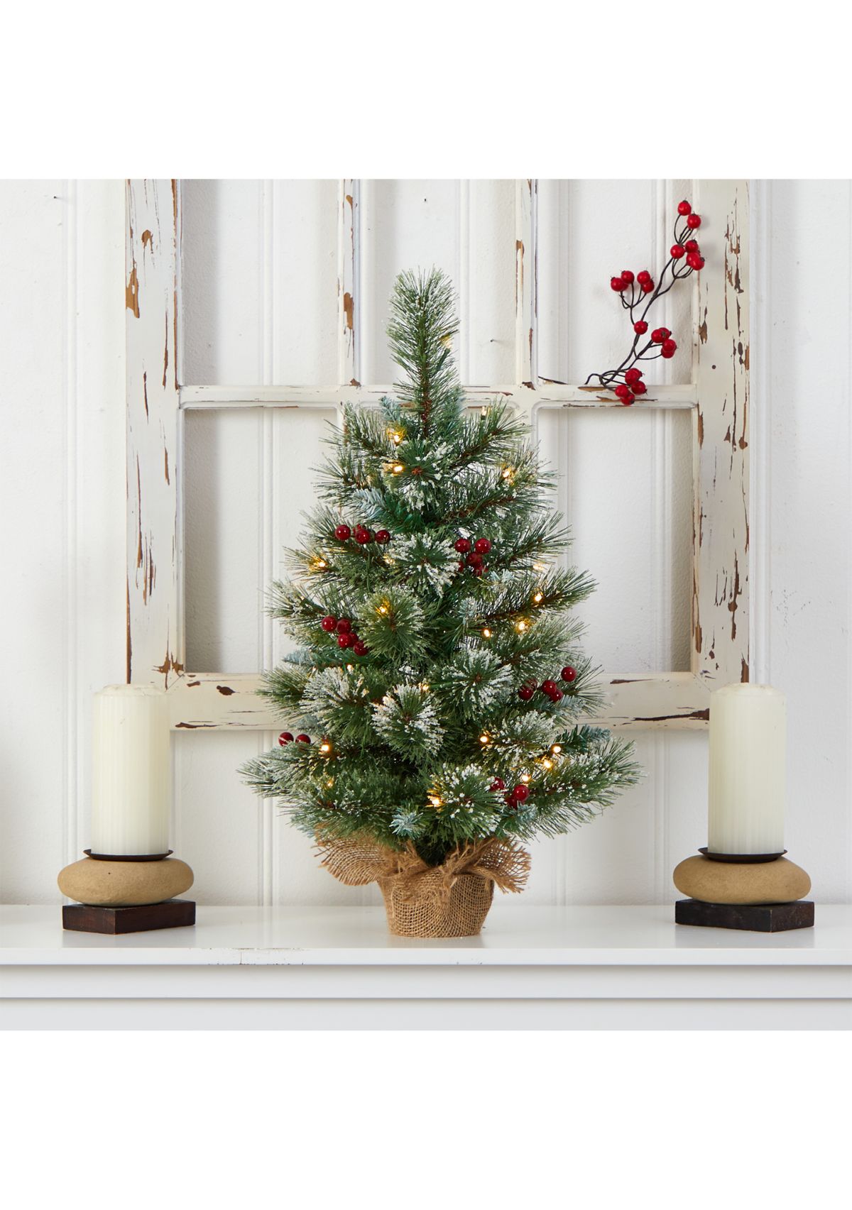 2 Foot Snow Tipped Pine and Berry Artificial Christmas Tree with 35 Warm White LED Lights in Burlap Base