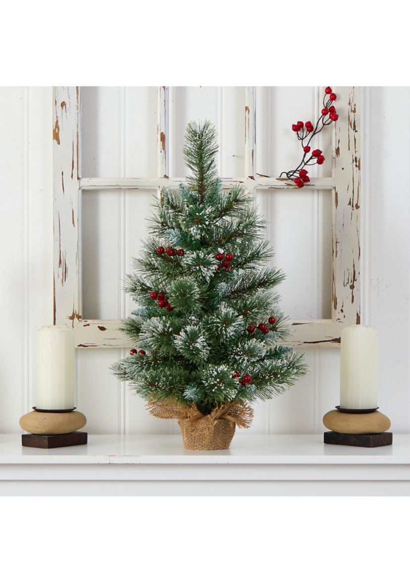 2 Foot Snow Tipped Pine and Berry Artificial Christmas Tree with 35 Warm White LED Lights in Burlap Base