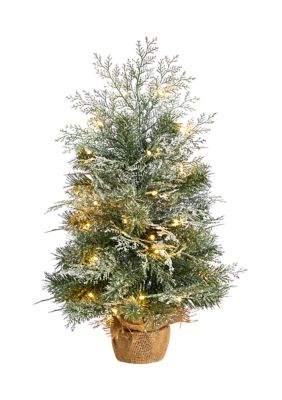 Nearly Natural 2 Foot Winter Frosted Artificial Christmas Tree with 35 LED Lights in Burlap Base