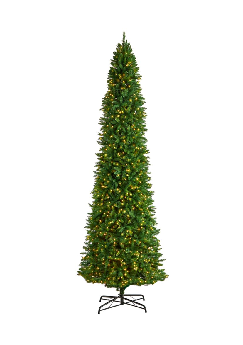 12 Foot Slim Green Mountain Pine Artificial Christmas Tree with 1100 Clear LED Lights and 3235 Tips