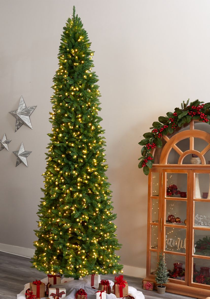 12 Foot Slim Green Mountain Pine Artificial Christmas Tree with 1100 Clear LED Lights and 3235 Tips