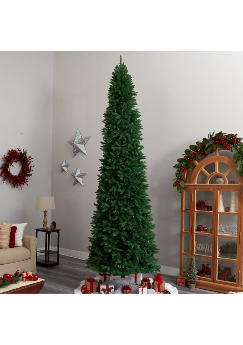 12 Foot Slim Green Mountain Pine Artificial Christmas Tree with 1100 Clear LED Lights and 3235 Tips