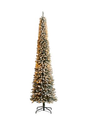 Nearly Natural 10-Foot Flocked Pencil Artificial Christmas Tree with 700 Clear Lights and 1145 Bendable Branches, Green