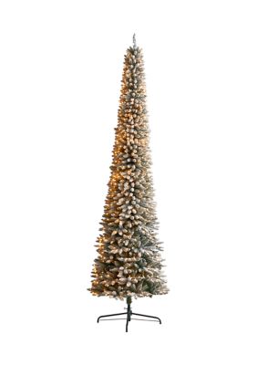 Nearly Natural 11-Foot Flocked Pencil Artificial Christmas Tree with 850 Clear Lights and 1435 Bendable Branches, Green