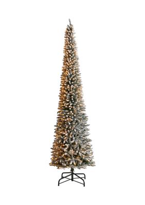 Nearly Natural 12-Foot Flocked Pencil Artificial Christmas Tree with 1000 Clear Lights and 1819 Bendable Branches, Green