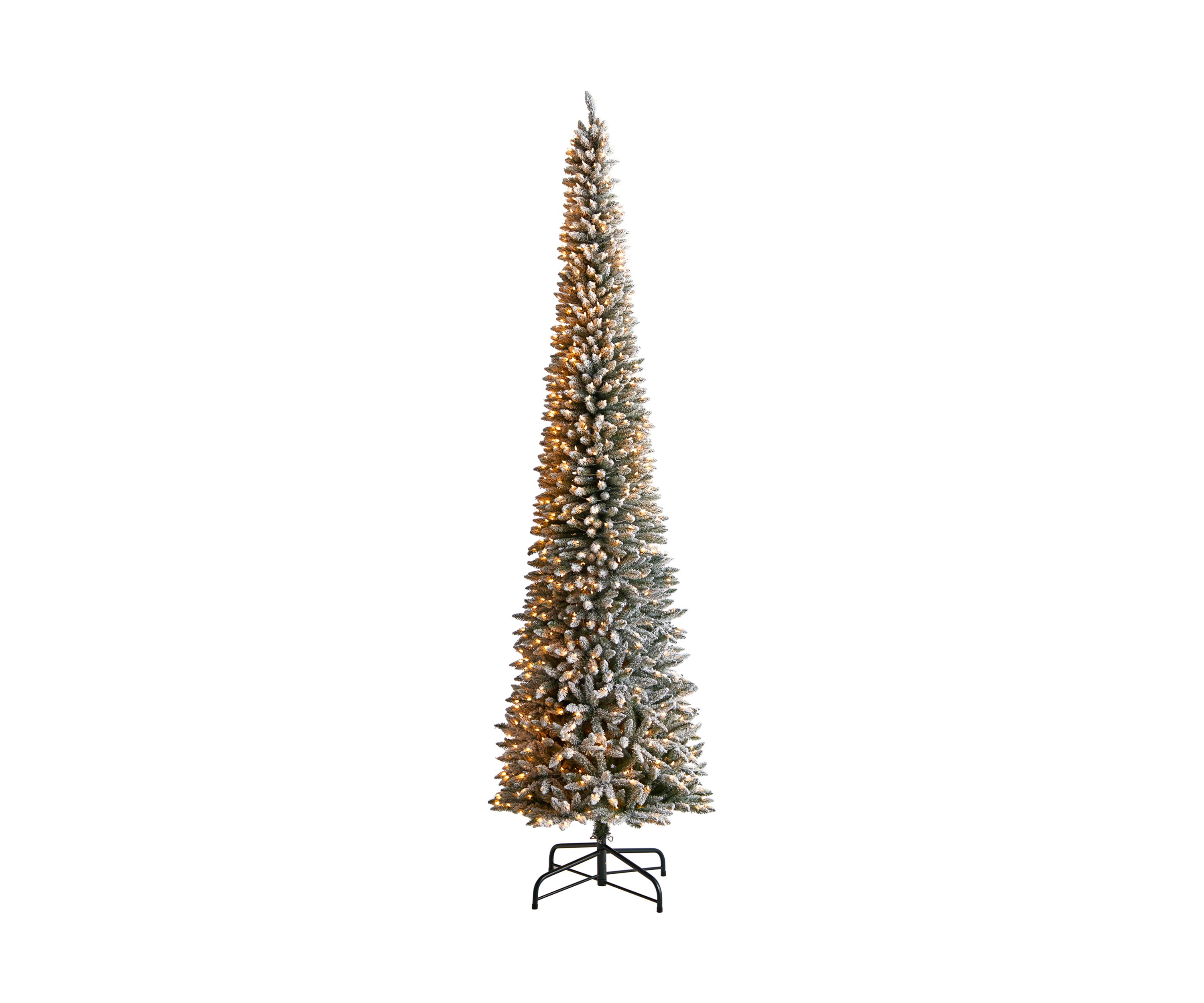 12-Foot Flocked Pencil Artificial Christmas Tree with 1000 Clear Lights and 1819 Bendable Branches