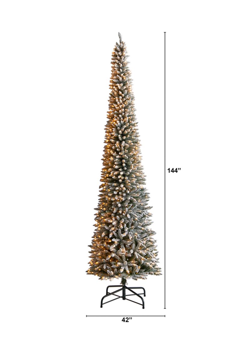 12-Foot Flocked Pencil Artificial Christmas Tree with 1000 Clear Lights and 1819 Bendable Branches
