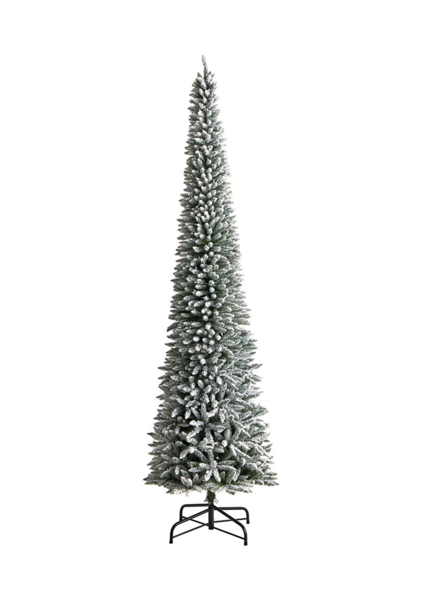 12-Foot Flocked Pencil Artificial Christmas Tree with 1000 Clear Lights and 1819 Bendable Branches