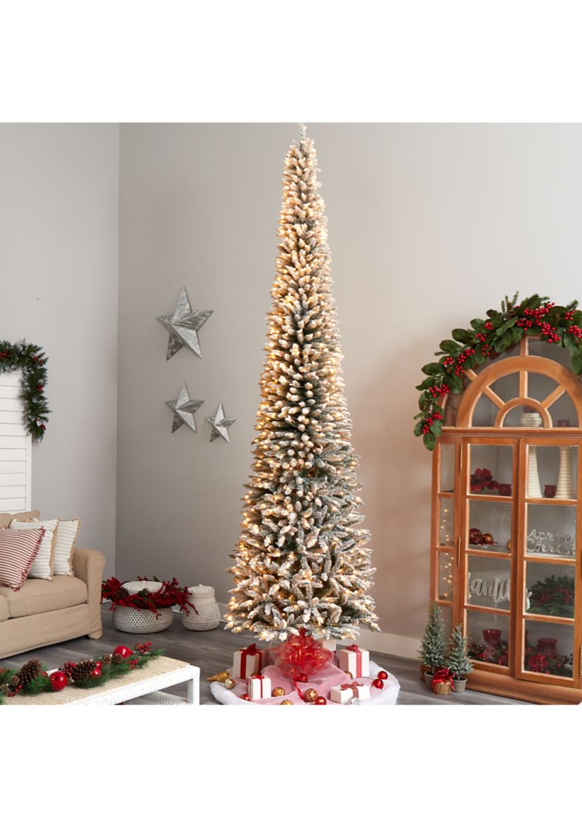 12-Foot Flocked Pencil Artificial Christmas Tree with 1000 Clear Lights and 1819 Bendable Branches