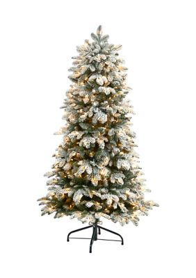 Nearly Natural 5 Foot Flocked North Carolina Fir Artificial Christmas Tree with 350 Warm White Lights and 1247 Bendable Branches, Green