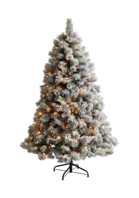 Nearly Natural 6-Foot Flocked Oregon Pine Artificial Christmas Tree with 300 Clear Lights and 551 Bendable Branches, Green -  0192897368001