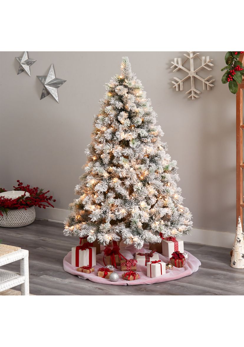6-Foot Flocked Oregon Pine Artificial Christmas Tree with 300 Clear Lights and 551 Bendable Branches
