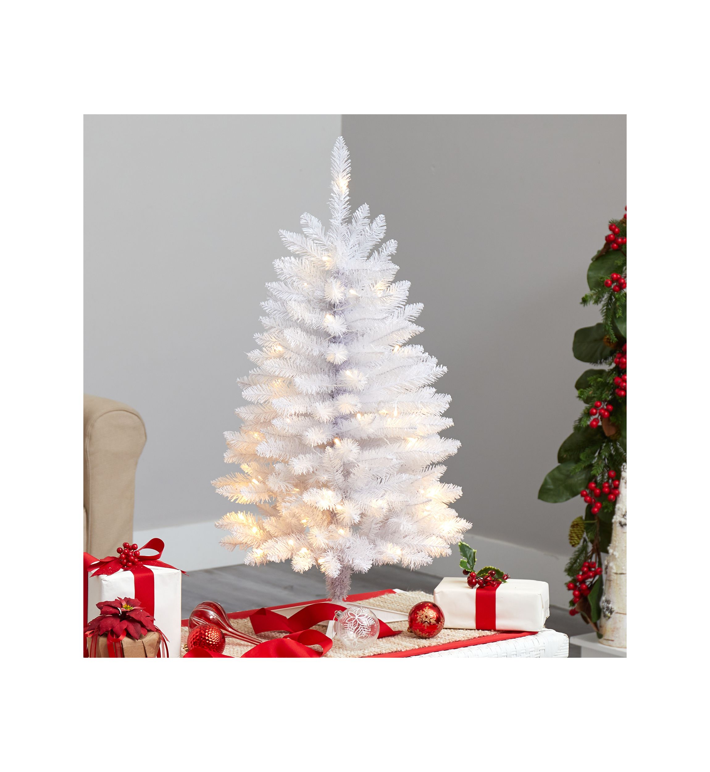 3 Foot Slim White Artificial Christmas Tree with 50 Warm White LED Lights and 161 Bendable Branches
