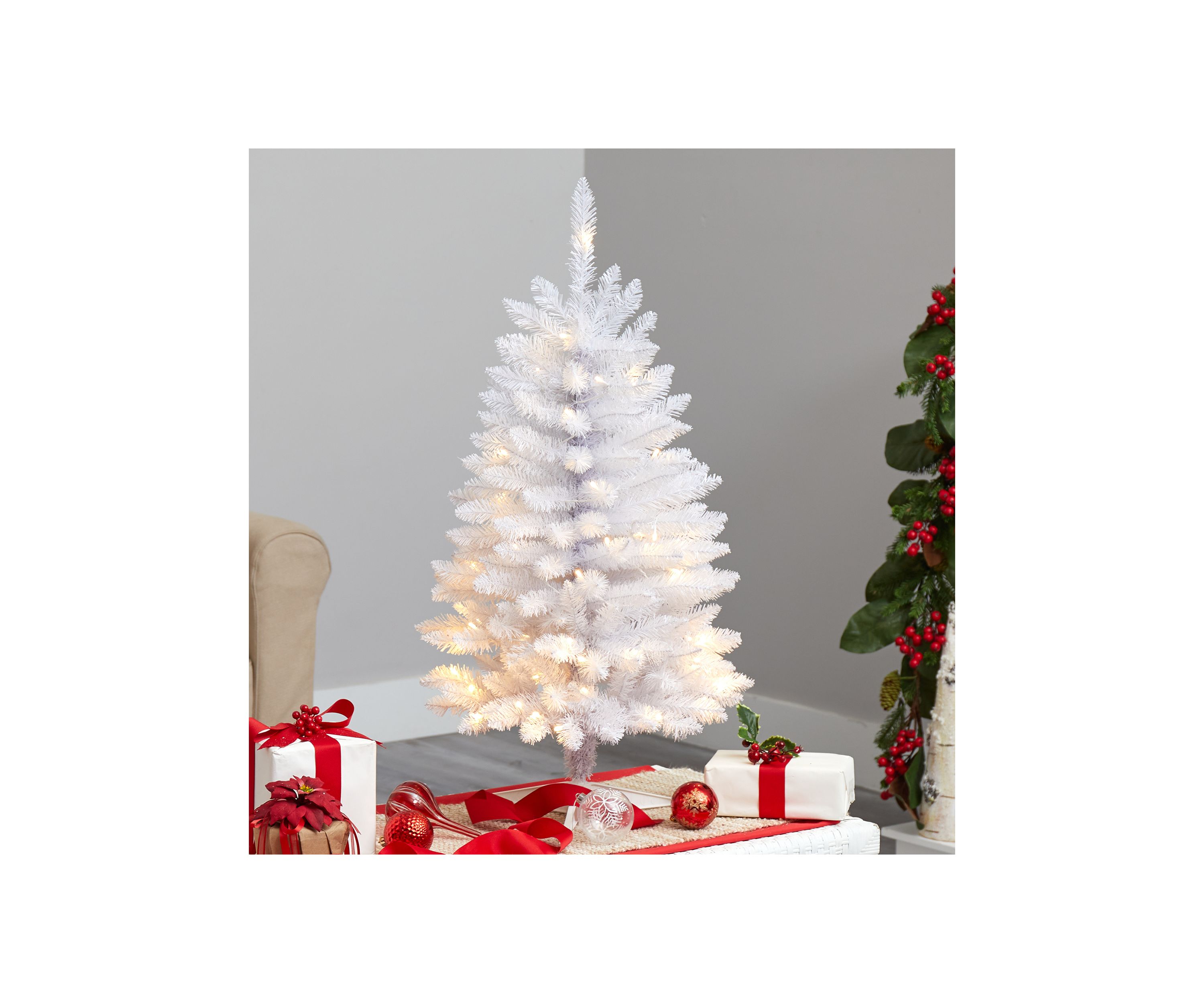 3 Foot Slim White Artificial Christmas Tree with 50 Warm White LED Lights and 161 Bendable Branches