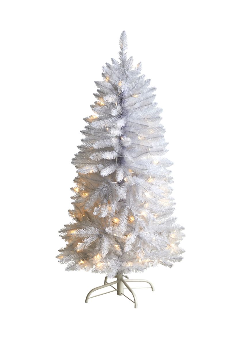 4 Foot Slim White Artificial Christmas Tree with 100 Warm White LED Lights and 293 Bendable Branches