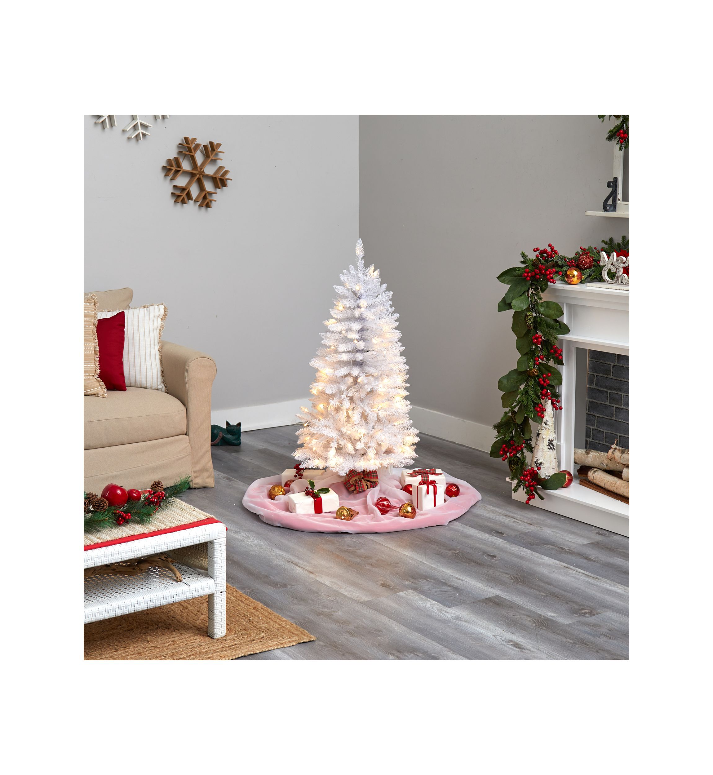 4 Foot Slim White Artificial Christmas Tree with 100 Warm White LED Lights and 293 Bendable Branches