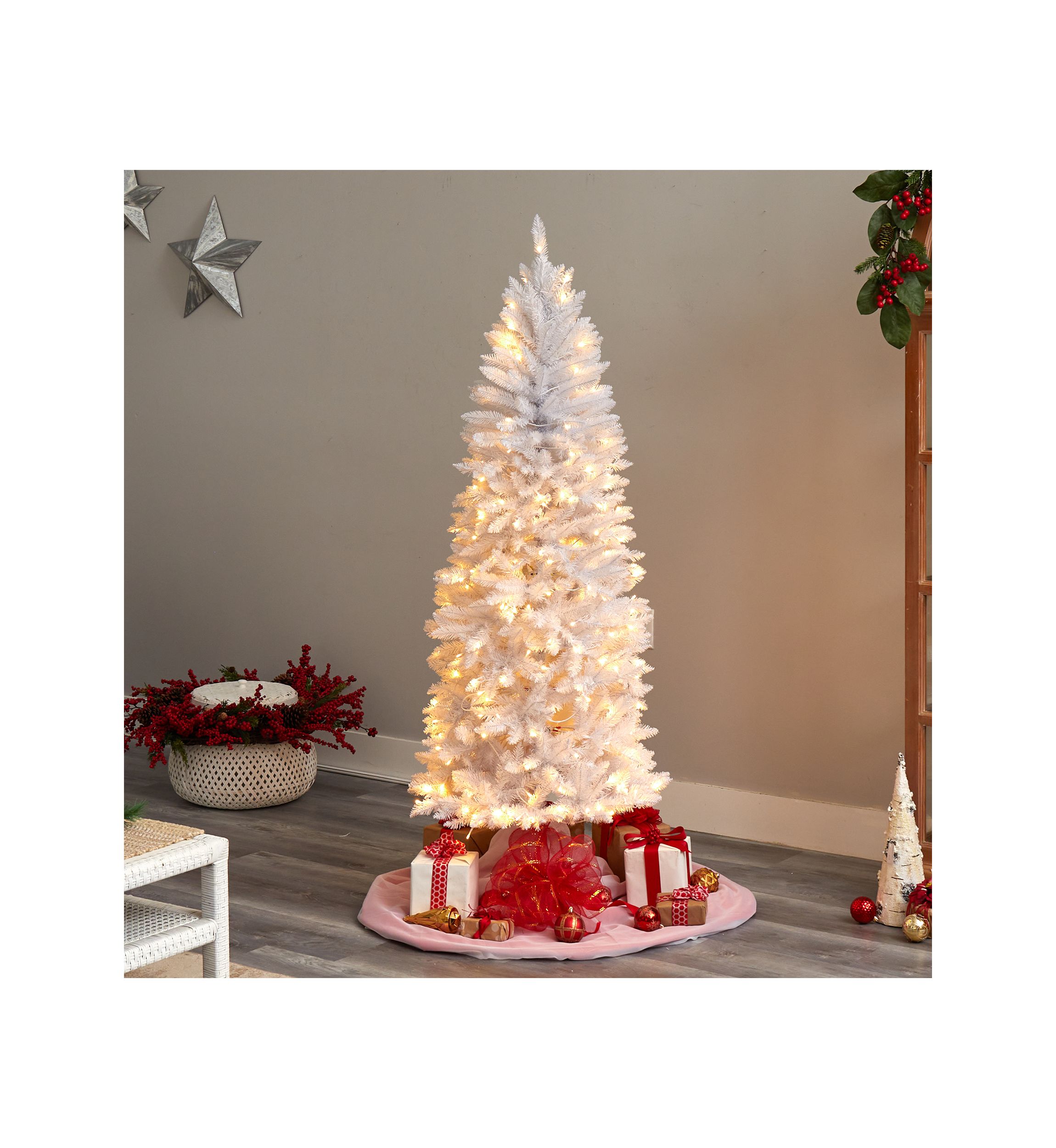 6 Foot Slim White Artificial Christmas Tree with 250 Warm White LED Lights and 743 Bendable Branches