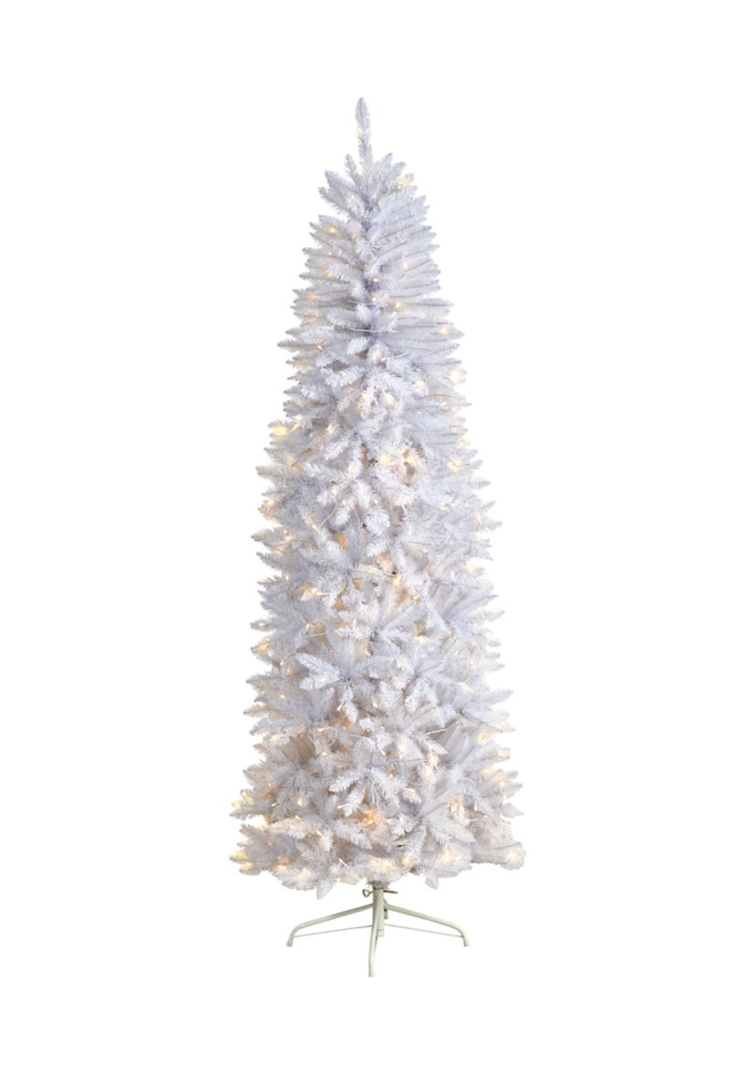 7 Foot Slim White Artificial Christmas Tree with 300 Warm White LED Lights and 955 Bendable Branches