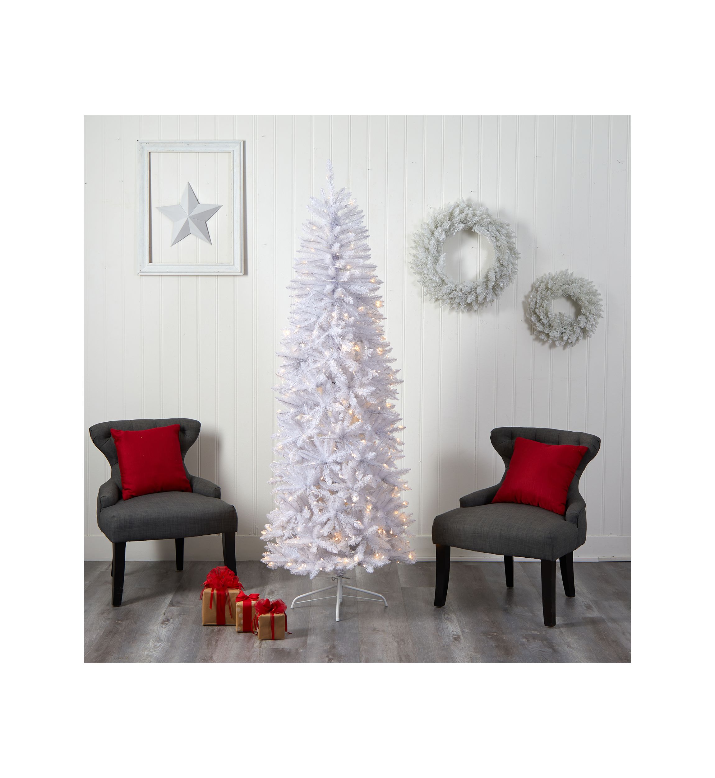7 Foot Slim White Artificial Christmas Tree with 300 Warm White LED Lights and 955 Bendable Branches