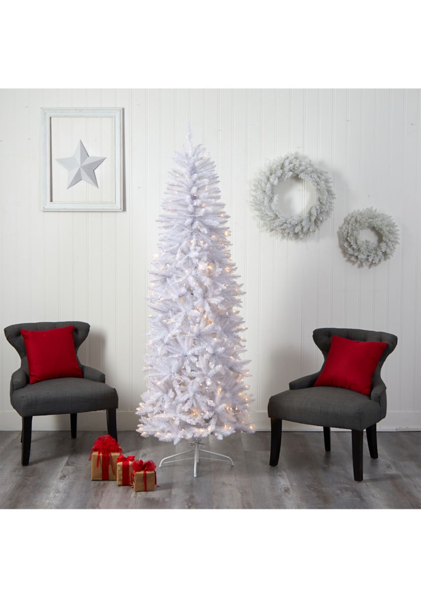 7 Foot Slim White Artificial Christmas Tree with 300 Warm White LED Lights and 955 Bendable Branches