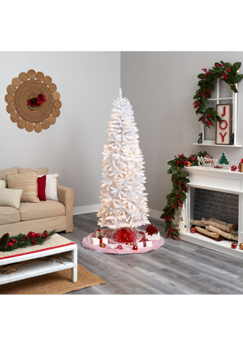 7 Foot Slim White Artificial Christmas Tree with 300 Warm White LED Lights and 955 Bendable Branches