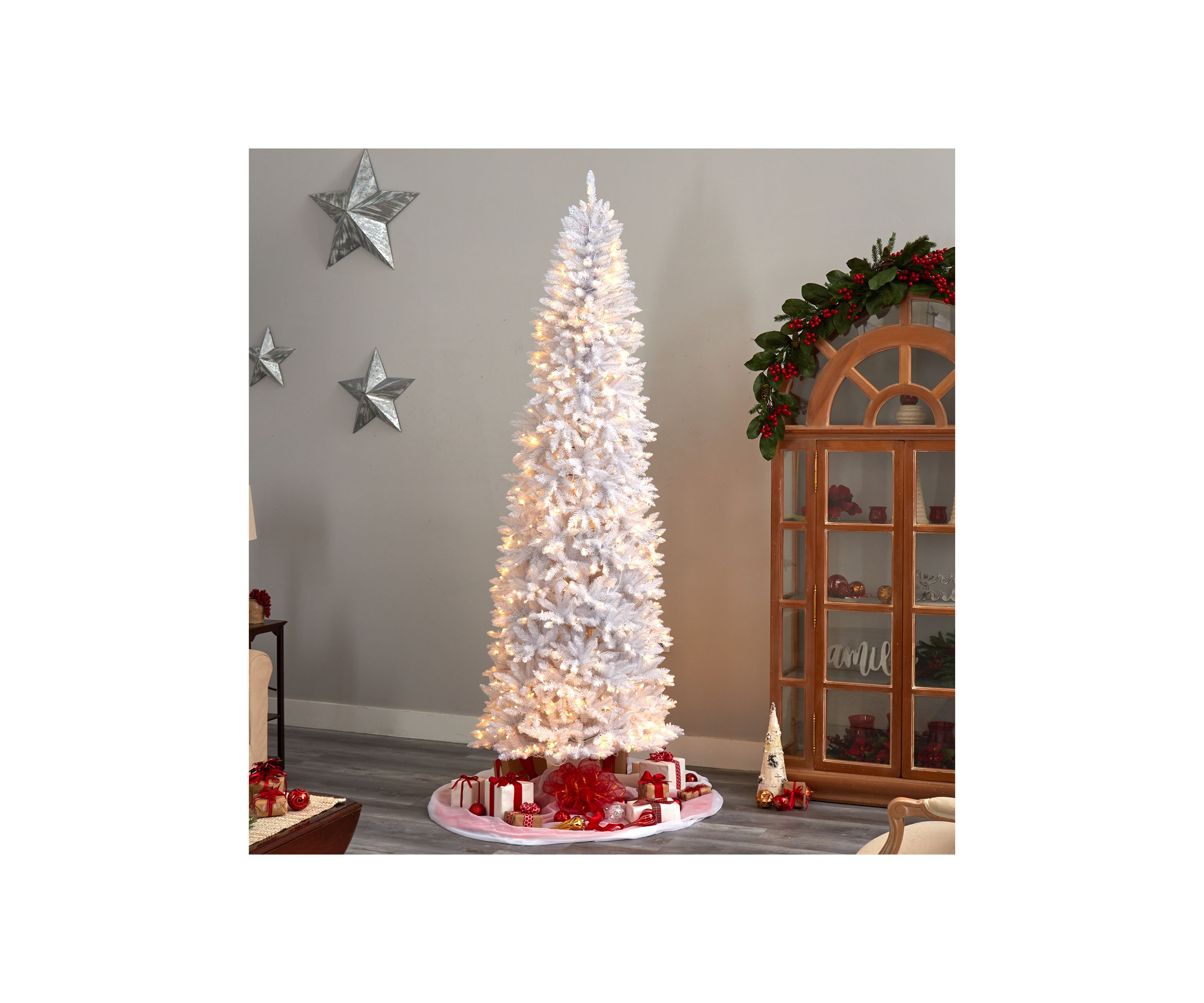 9 Foot Slim White Artificial Christmas Tree with 600 Warm White LED Lights and 1860 Bendable Branches