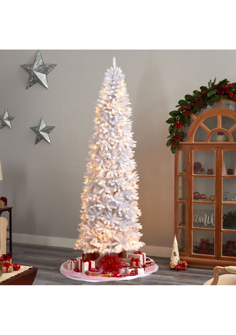 9 Foot Slim White Artificial Christmas Tree with 600 Warm White LED Lights and 1860 Bendable Branches