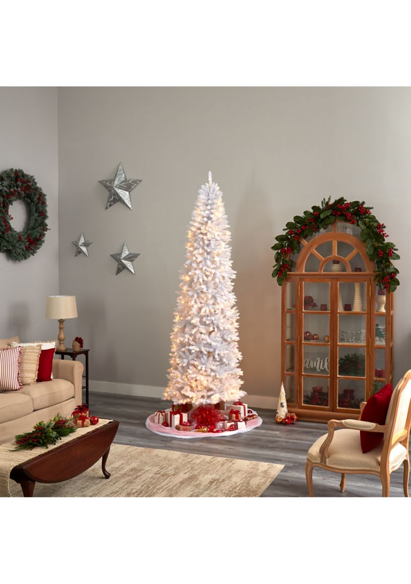 9 Foot Slim White Artificial Christmas Tree with 600 Warm White LED Lights and 1860 Bendable Branches
