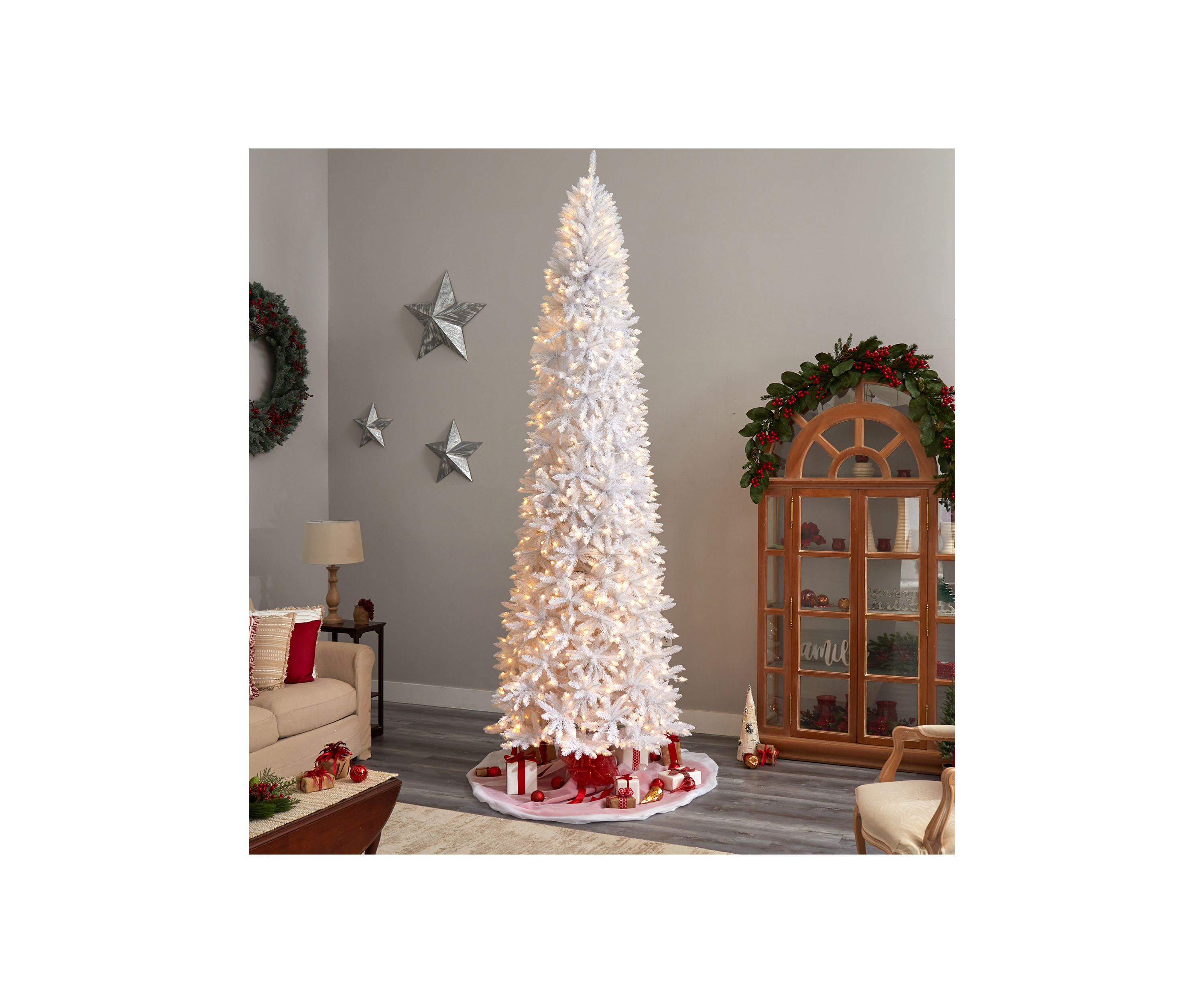 11 Foot Slim White Artificial Christmas Tree with 950 Warm White LED Lights and 2836 Bendable Branches