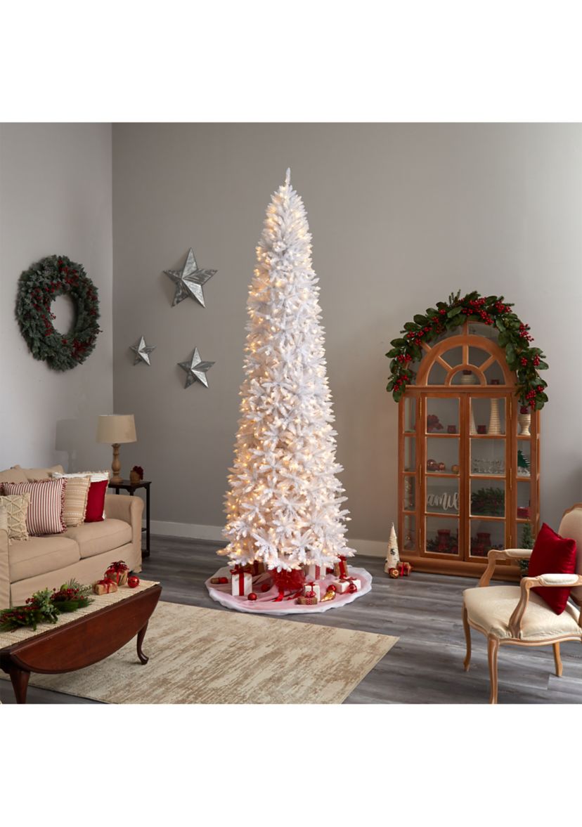 11 Foot Slim White Artificial Christmas Tree with 950 Warm White LED Lights and 2836 Bendable Branches