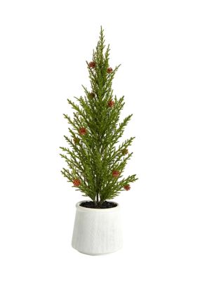 Nearly Natural 20 Inch Cedar Pine Natural Look Artificial Tree with Mini Pine Cones in Decorative Planter, Green