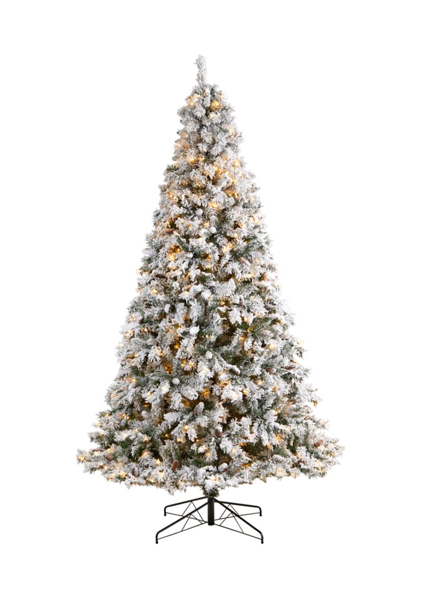 9-Foot Flocked White River Mountain Pine Artificial Christmas Tree with Pinecones and 650 Clear LED Lights