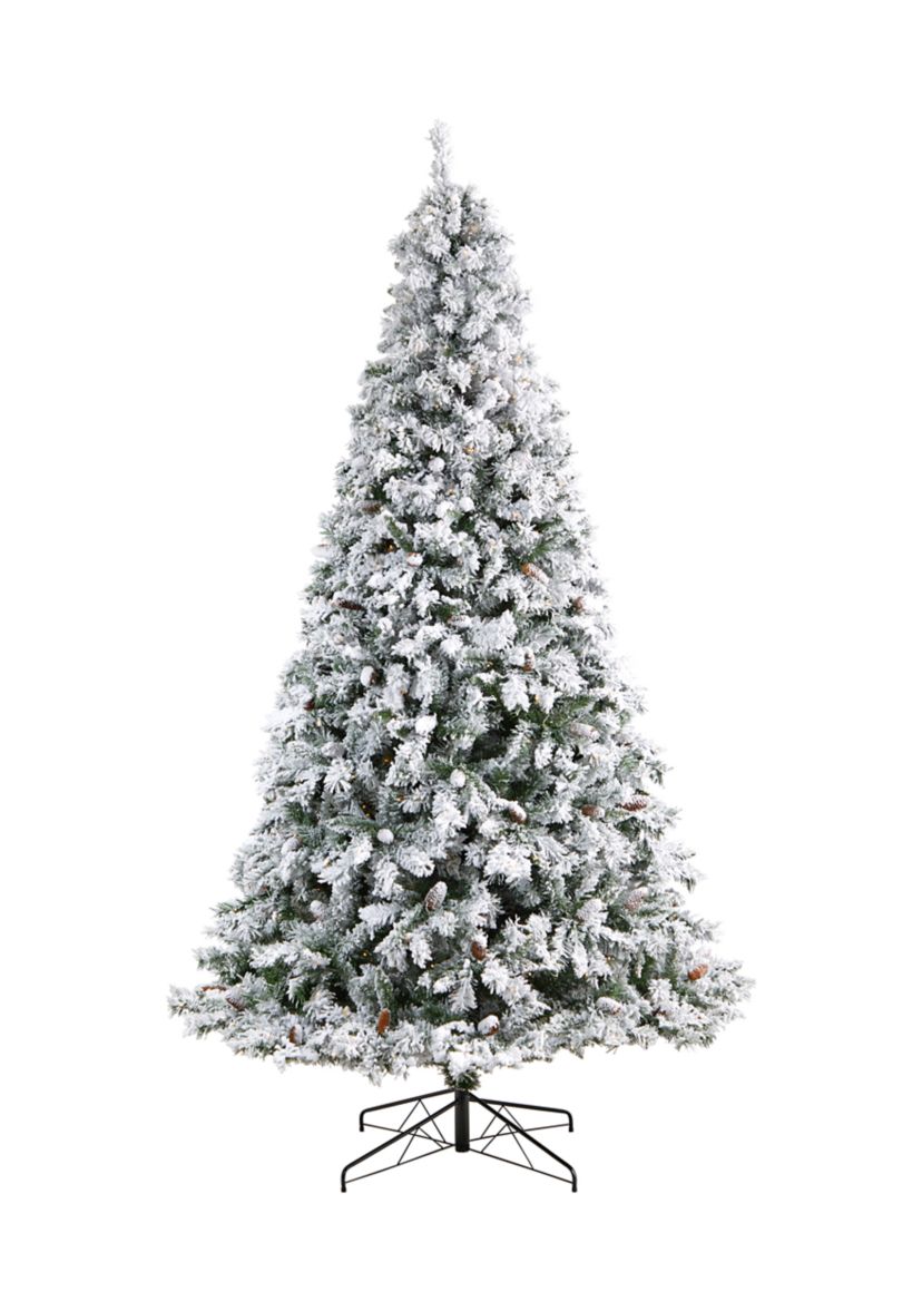 9-Foot Flocked White River Mountain Pine Artificial Christmas Tree with Pinecones and 650 Clear LED Lights