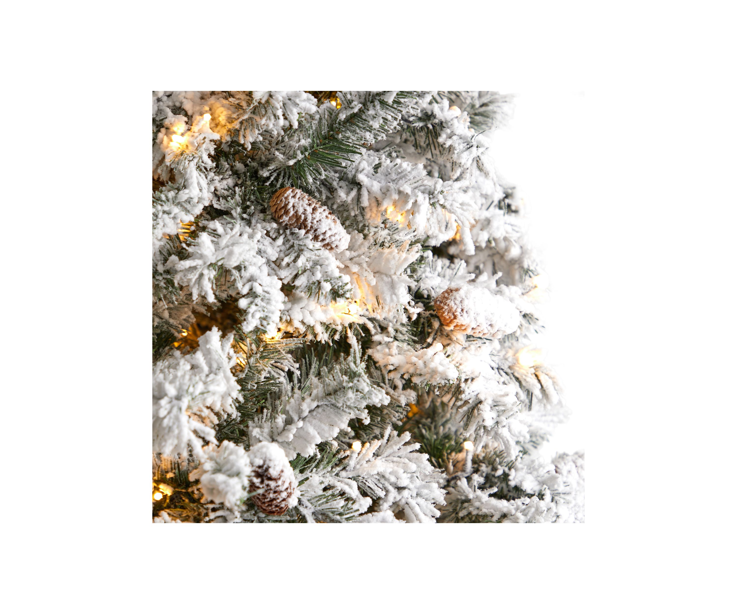 9-Foot Flocked White River Mountain Pine Artificial Christmas Tree with Pinecones and 650 Clear LED Lights