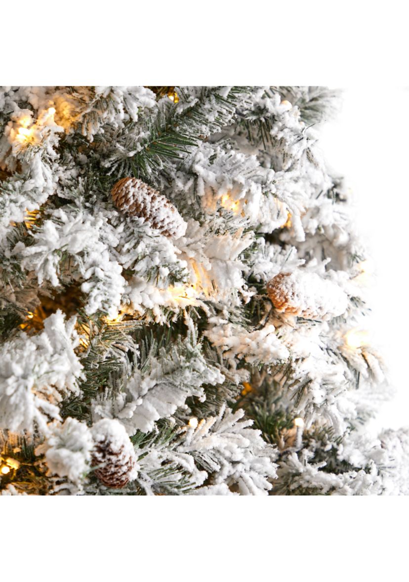 9-Foot Flocked White River Mountain Pine Artificial Christmas Tree with Pinecones and 650 Clear LED Lights