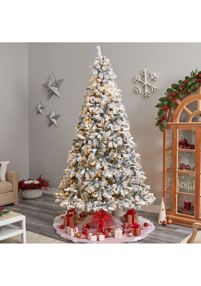 9-Foot Flocked White River Mountain Pine Artificial Christmas Tree with Pinecones and 650 Clear LED Lights