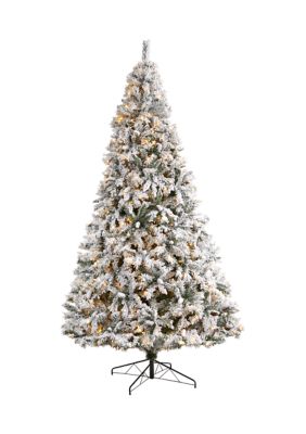 Nearly Natural 10-Foot Flocked White River Mountain Pine Artificial Christmas Tree with Pinecones and 800 Clear LED Lights, Green