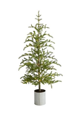 Nearly Natural 5.5 Foot Pre-Lit Pine Artificial Christmas Tree in Decorative Planter with 150 Lights, Green