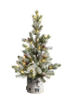 Nearly Natural 24 inch Flocked Christmas Artificial Tree in Decorative Birch Bark Planter with 30 LED lights