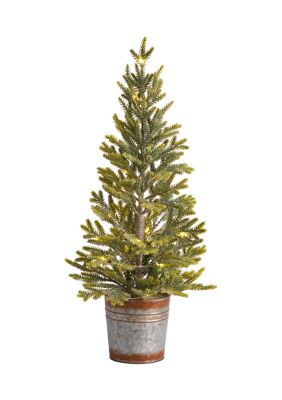 Nearly Natural 26" Pine Natural Look Artificial Christmas Tree with 35 Warm White Lights in Rustic Metal Planter, Green, 2 Foot