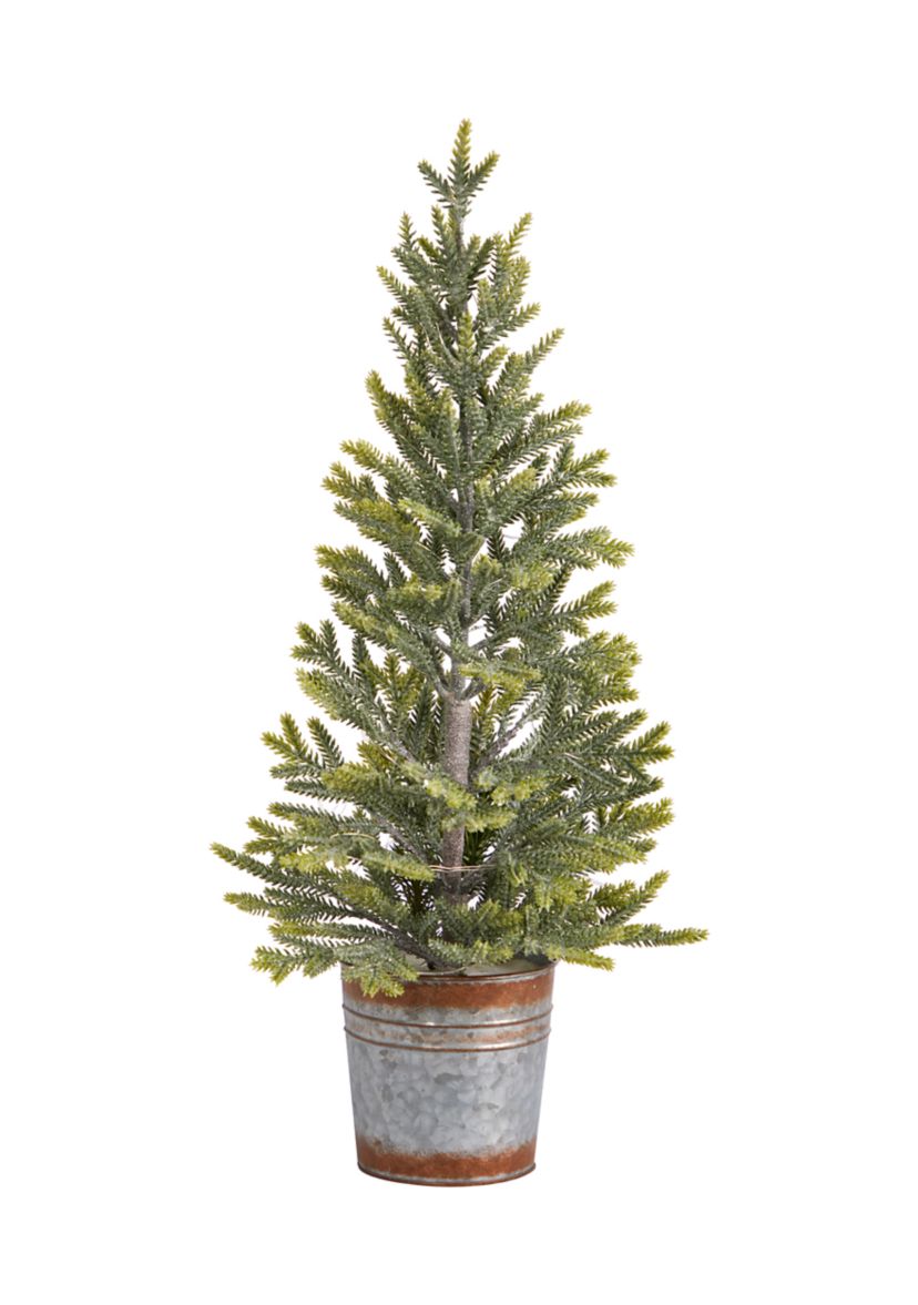 26" Pine Natural Look Artificial Christmas Tree with 35 Warm White Lights in Rustic Metal Planter