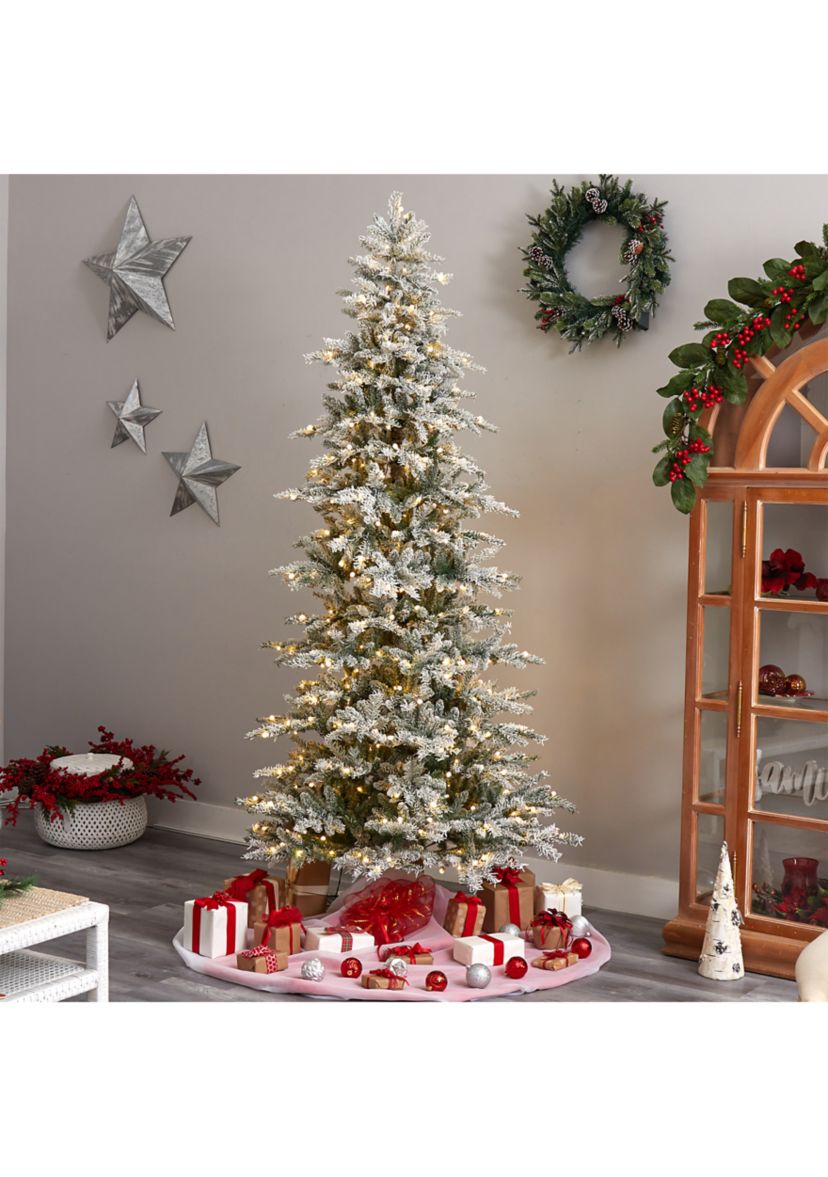 8.5-Foot Slim Flocked Nova Scotia Spruce Artificial Christmas Tree with 500 Warm White LED Lights and 1061 Bendable Branches