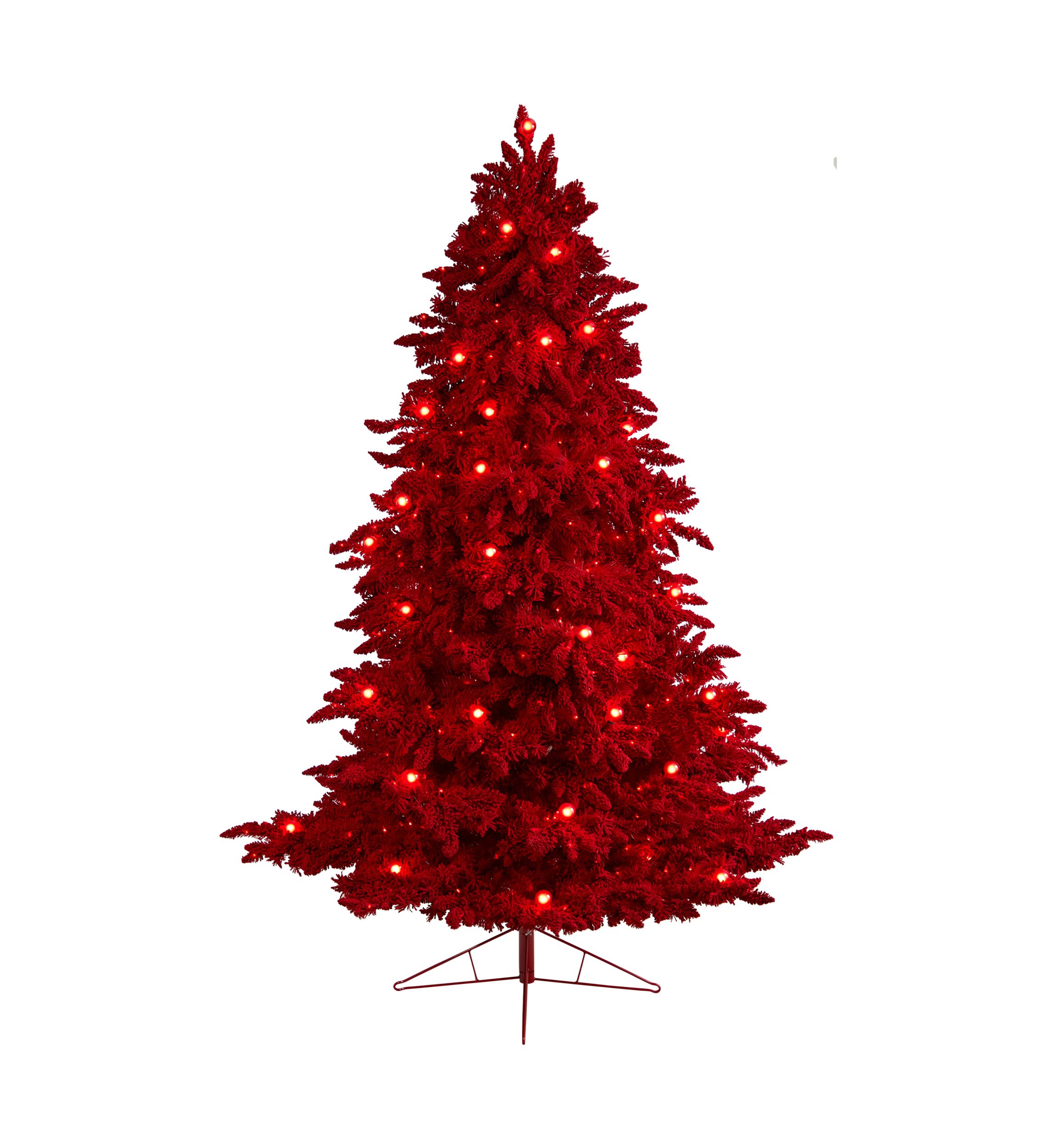 8-Foot Red Flocked Fraser Fir Artificial Christmas Tree with 700 Red Lights, 45 Globe Bulbs and 1468 Bendable Branches