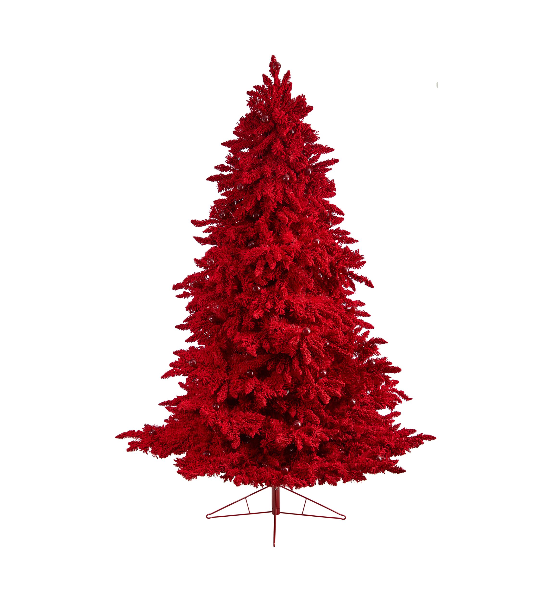 8-Foot Red Flocked Fraser Fir Artificial Christmas Tree with 700 Red Lights, 45 Globe Bulbs and 1468 Bendable Branches