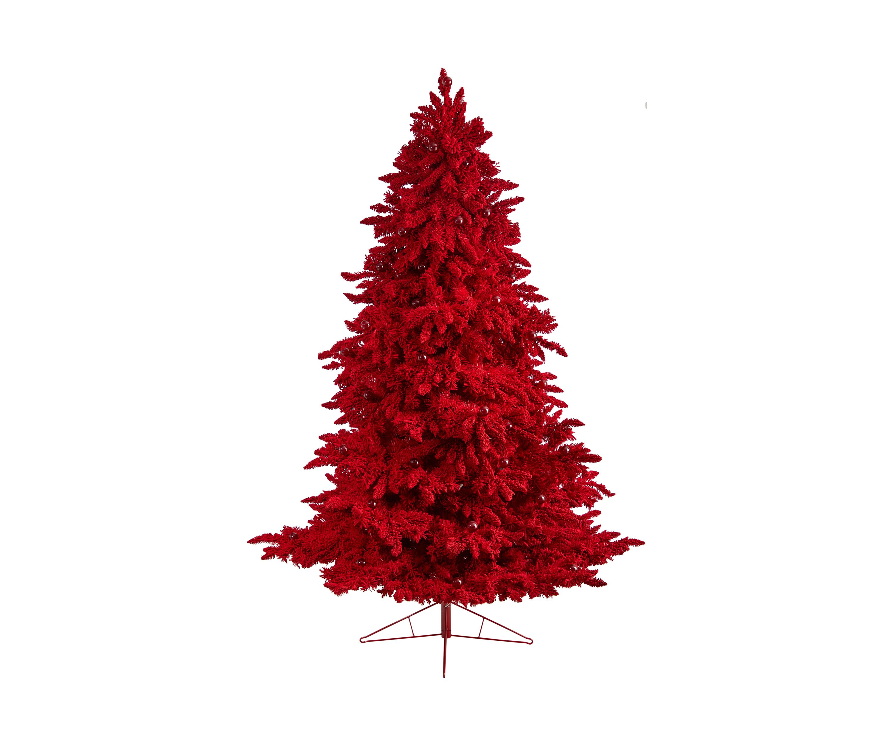 8-Foot Red Flocked Fraser Fir Artificial Christmas Tree with 700 Red Lights, 45 Globe Bulbs and 1468 Bendable Branches