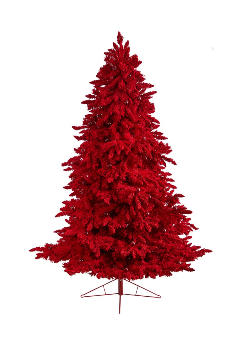 8-Foot Red Flocked Fraser Fir Artificial Christmas Tree with 700 Red Lights, 45 Globe Bulbs and 1468 Bendable Branches